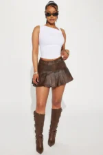 Giana Washed Faux Leather Mini Skirt - Brown