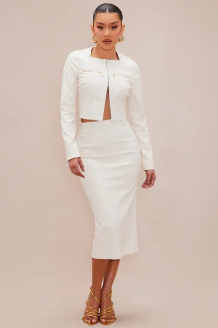 Nelly Leather Midi Skirt - Cream
