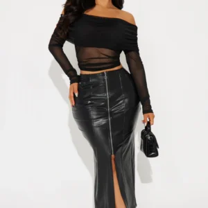 Under Radar Leather Midi Skirt - Black