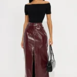 Set The Tone High Slit Patent Leather Maxi Skirt - Burgundy