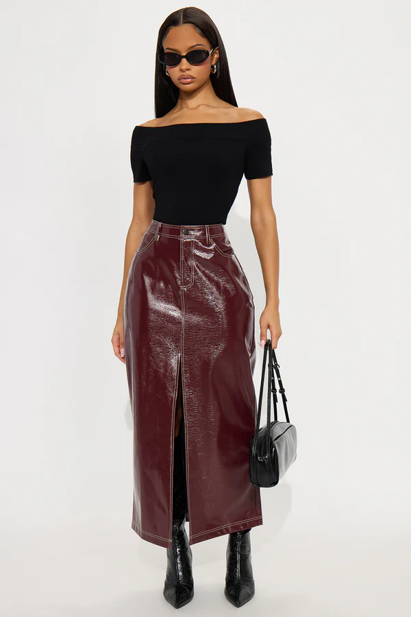 Set The Tone High Slit Patent Leather Maxi Skirt - Burgundy