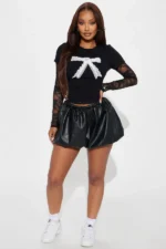 Verity Leather Bubble Mini Skort - Black - Image 2