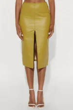 Set You Straight Leather Midi Skirt - Chartreuse - Image 2